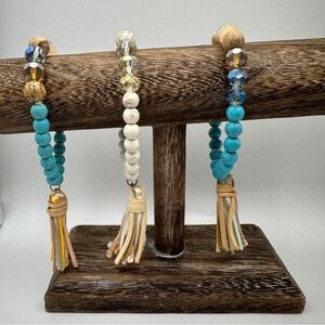Twilight Gypsy Collective Beaded turquoise White stretch bracelets Boho tassels